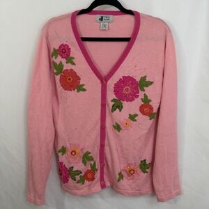 Vintage Womens Pink Floral Embroidered Beaded Cardigan Sweater Small Cottagecore